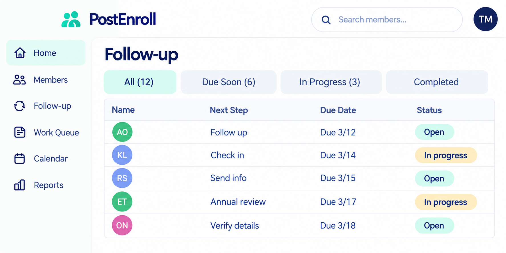 Illustrative PostEnroll workspace with sample records
